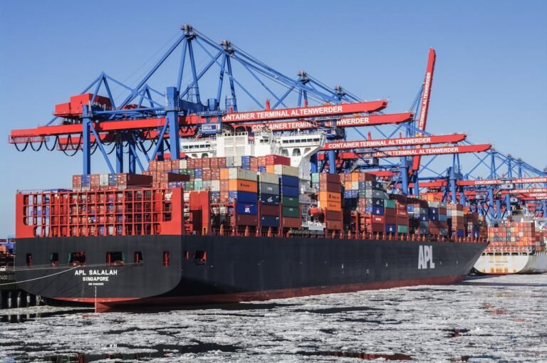Cargo ships at Hamburg's Container Terminal Altenwerder in winter with icy waters.